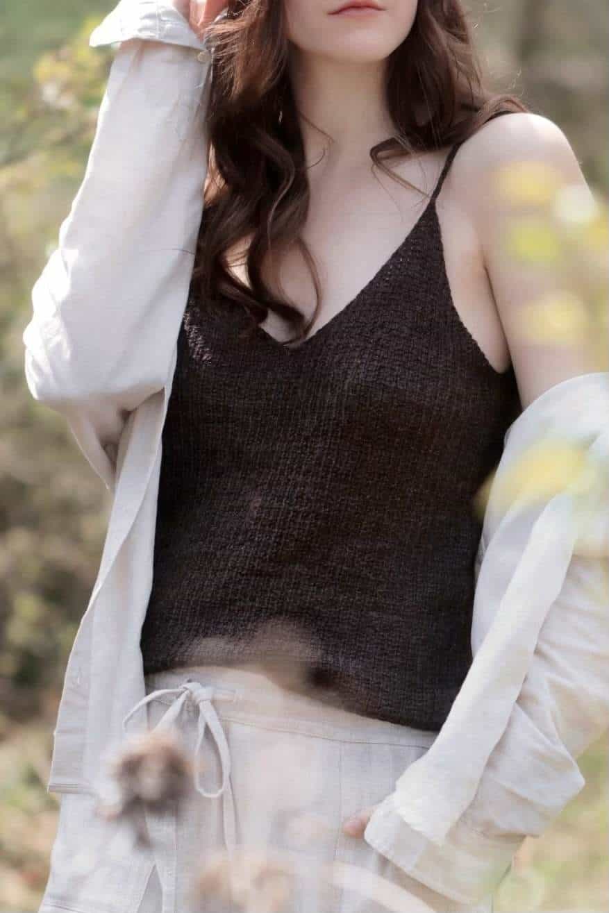 Chocolate brown knitted camisole with ribbed hem and straps - easy knit cami pattern by Darling Jadore