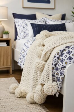 Cozy chunky crochet throw blanket with pom poms draped over neutral sofa in minimalist living room