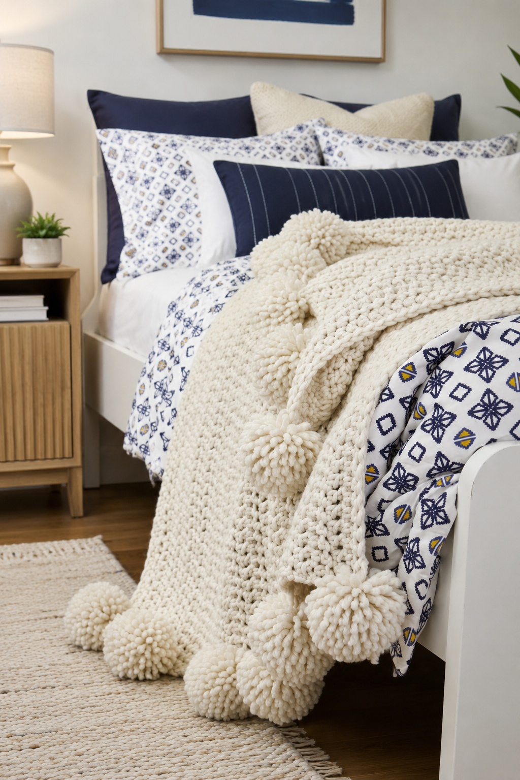 Cozy chunky crochet throw blanket with pom poms draped over neutral sofa in minimalist living room