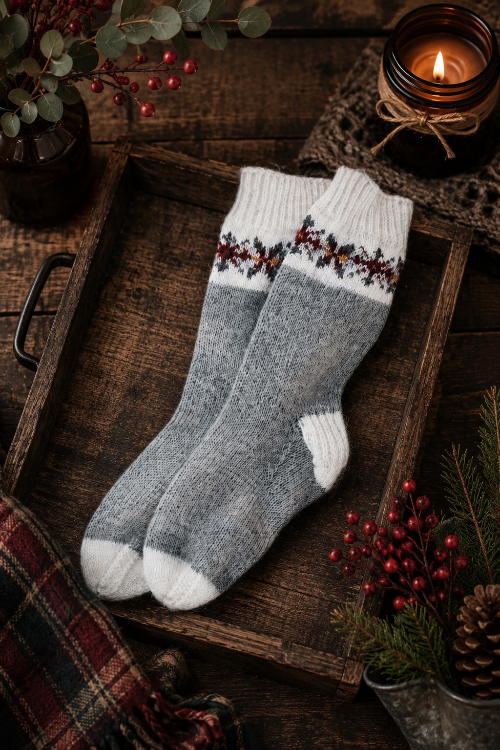 Fair Isle socks with snowflake pattern knit in cream and gray yarn on wooden surface