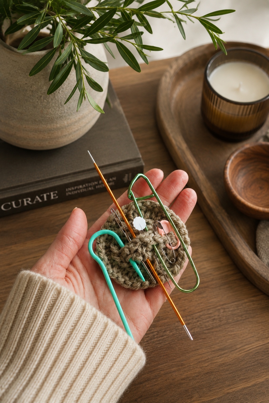 Knit notion keeper organizer pattern with pins and needles displayed on neutral background
