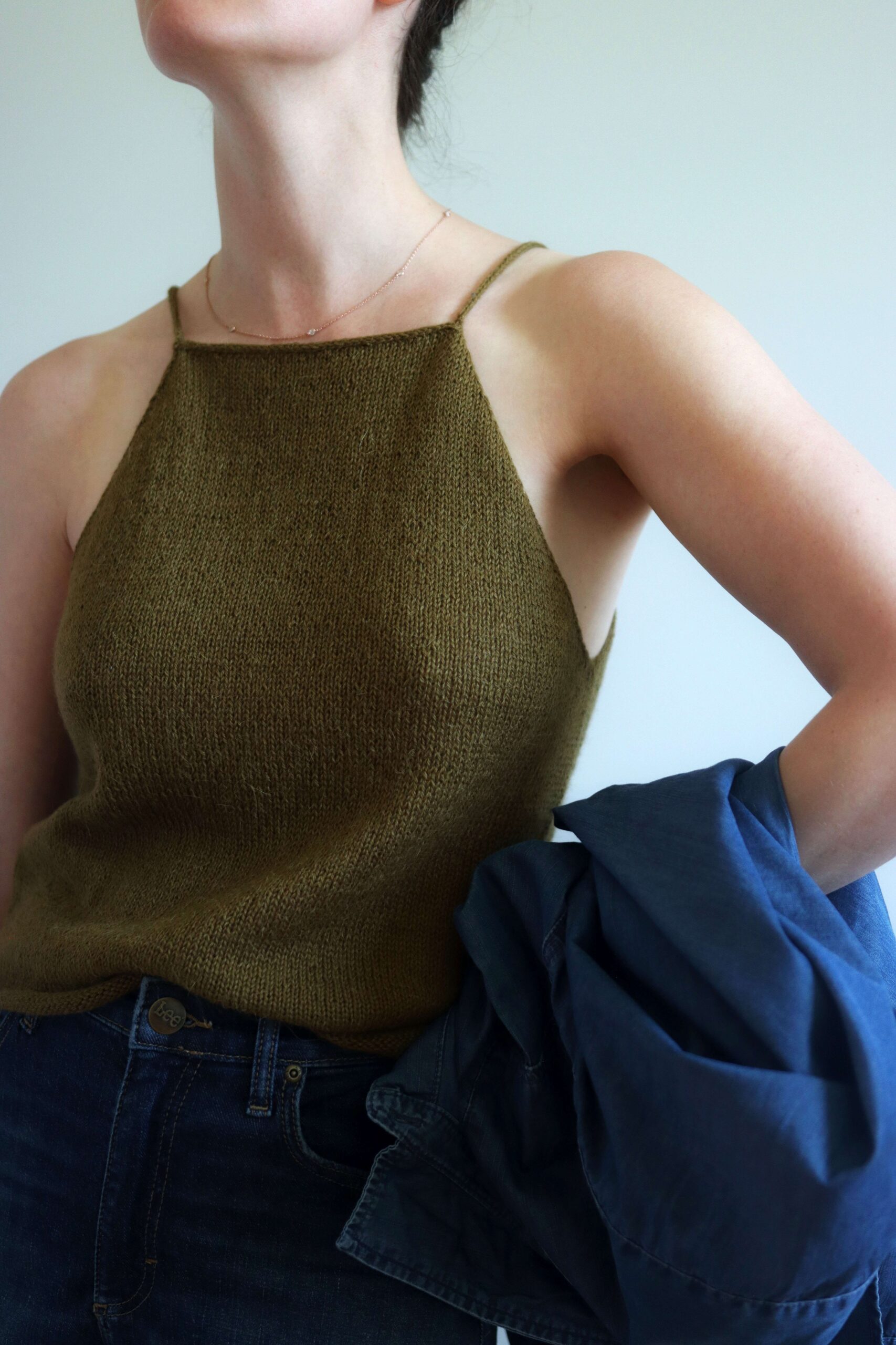 tank top knitting pattern, easy knit camisole pattern, Loft Camisole, summer tank cami knit pattern beginner Person wearing olive green tank top