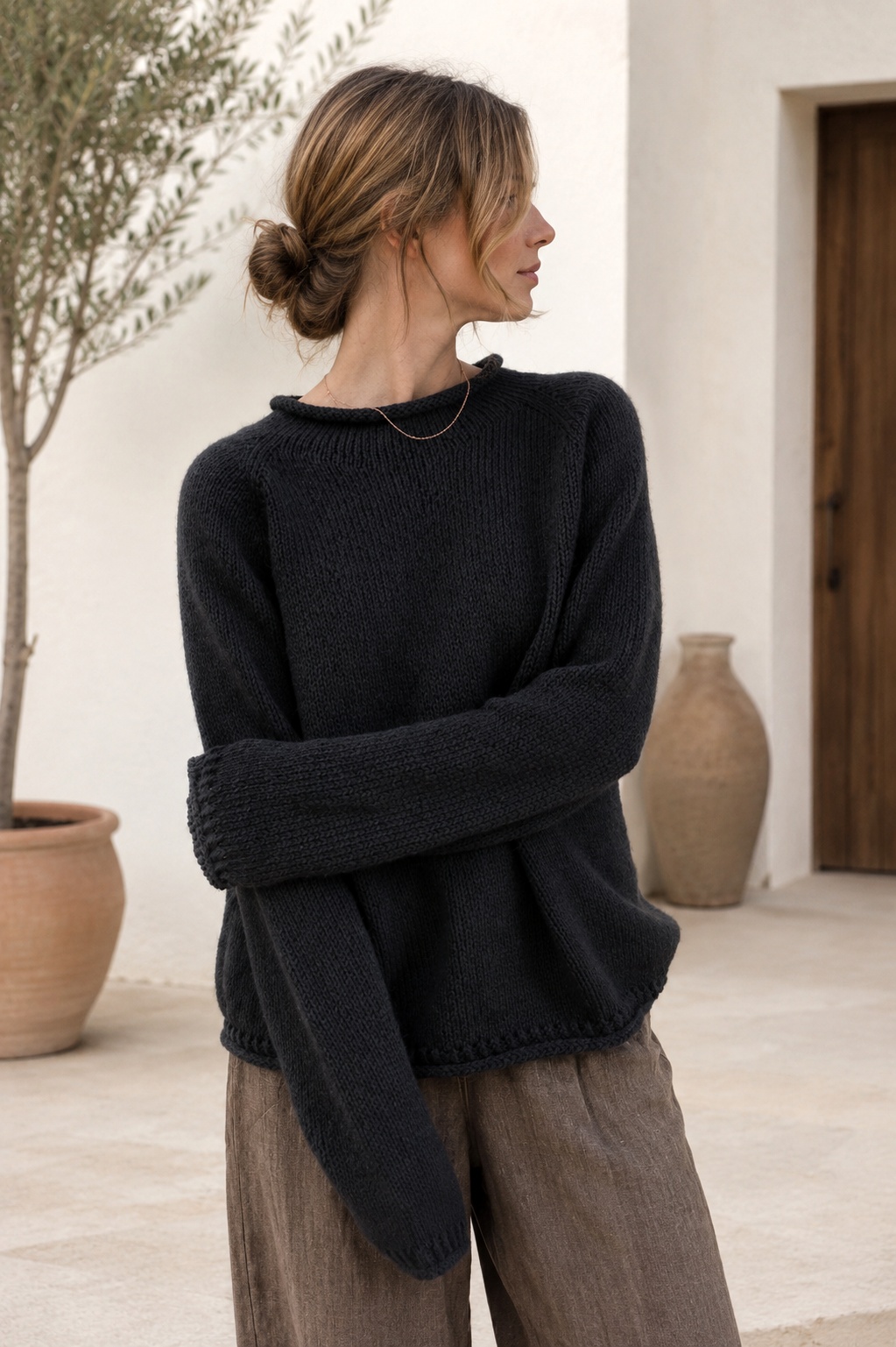 roll neck raglan sweater knitting pattern Echo Sweater
