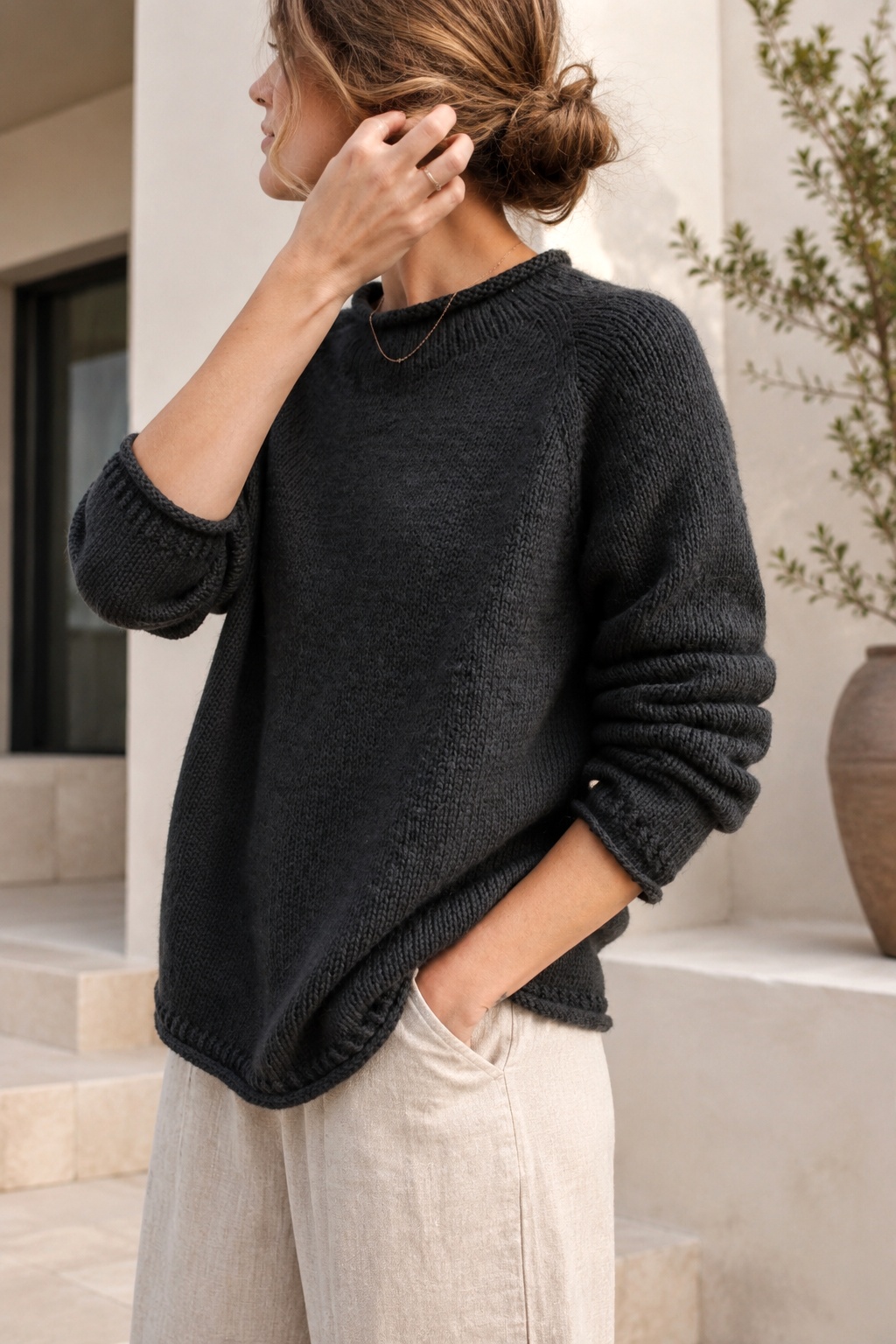 roll neck raglan sweater knitting pattern Echo Sweater